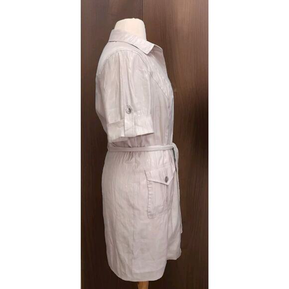 Chico's Button Front Shirt Dress Beige Shimmer 3.5/ XL Short Sleeves Pockets - Picture 6 of 15